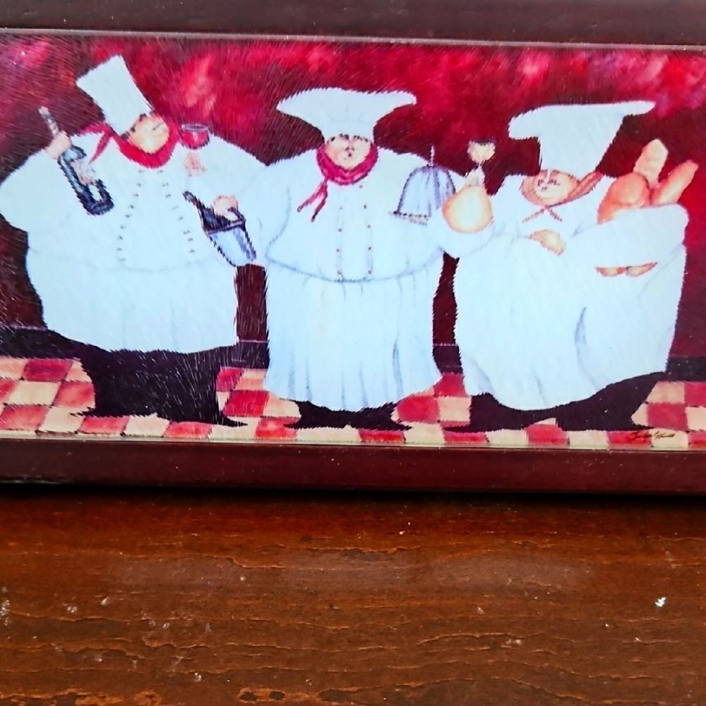 Vintage Cherrywood Cutting Board with Chefs Print Glass